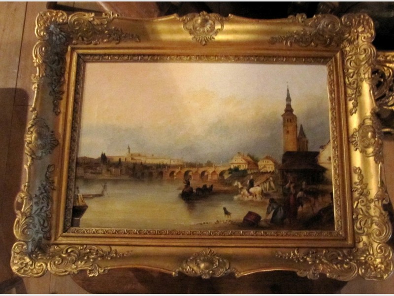 Gemälde Öl auf Leinen Prag Monarchie k u k Blondel Rahmen vergoldet 