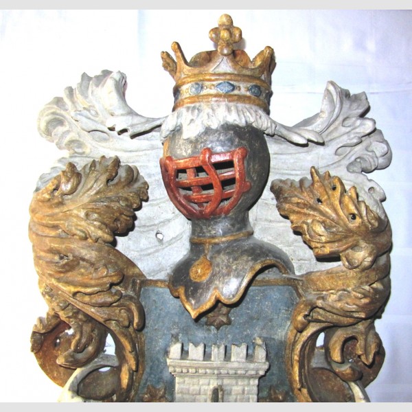 Holzwappen Adel 17. Jahrhundert geschnitzt gefasst Heraldik Graf Baron 
